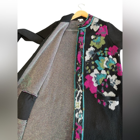 J. Jill Black Floral Jacquard Long Sweater Duster Coat Cardigan Medium - Picture 13 of 16